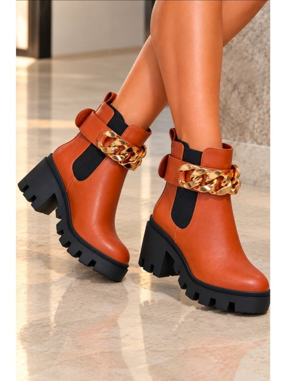 Tan Chunky Heel Ankle Boots With Gold Chain Accent & Lug Sole Design – Womens St
